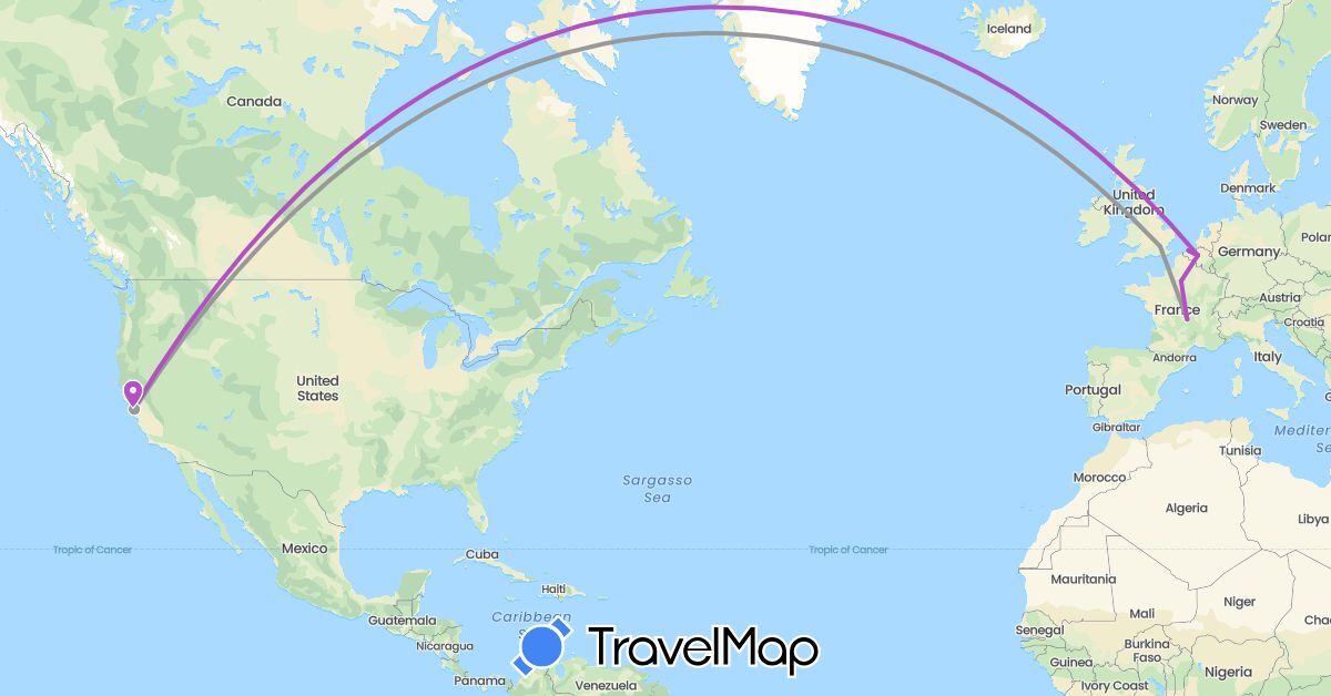 TravelMap itinerary: plane, train in Belgium, France, United Kingdom, United States (Europe, North America)